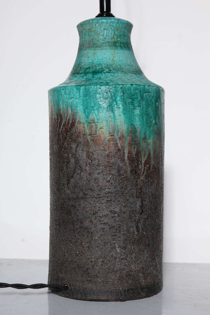 Metal Marcello Fantoni Turquoise & Cocoa Drip Glaze Ceramic Table Lamp, 1950s