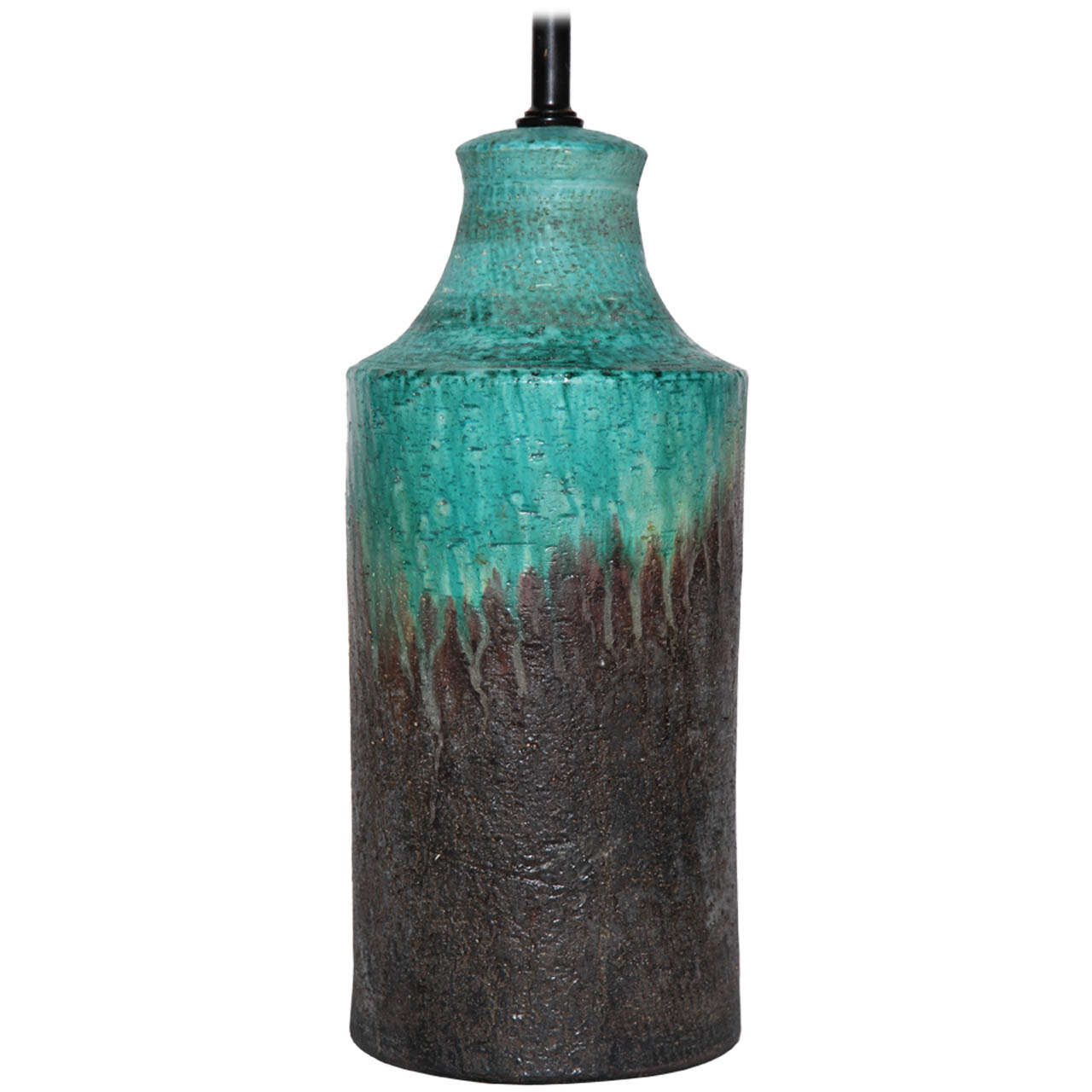 Organic Italian Modern handcrafted Aqua & Coffee drip glazed ceramic table lamp by Marcello Fantoni. Featuring a cylindrical earthen form with bright aqua, sea foam green with charcoal, volcanic undertones in lava like gunmetal brown with hints of