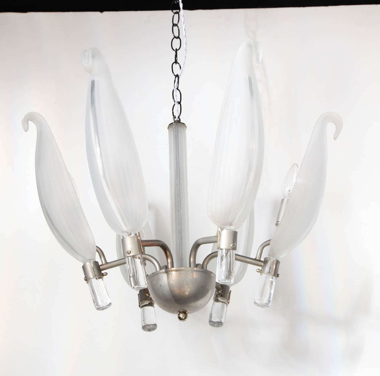 Art Deco Revival Murano Glass and Nickel Plate Chandelier by Franco Luce. Featuring a cylindrical White frosted center column with six frosted Murano Glass leaf shades and clear Grass stem detail.  With Nickel Plated Brass hardware. Utilizes