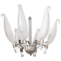 Franco Luce Murano Leaf Frosted Glass & Nickel Plate Six Arm Chandelier 