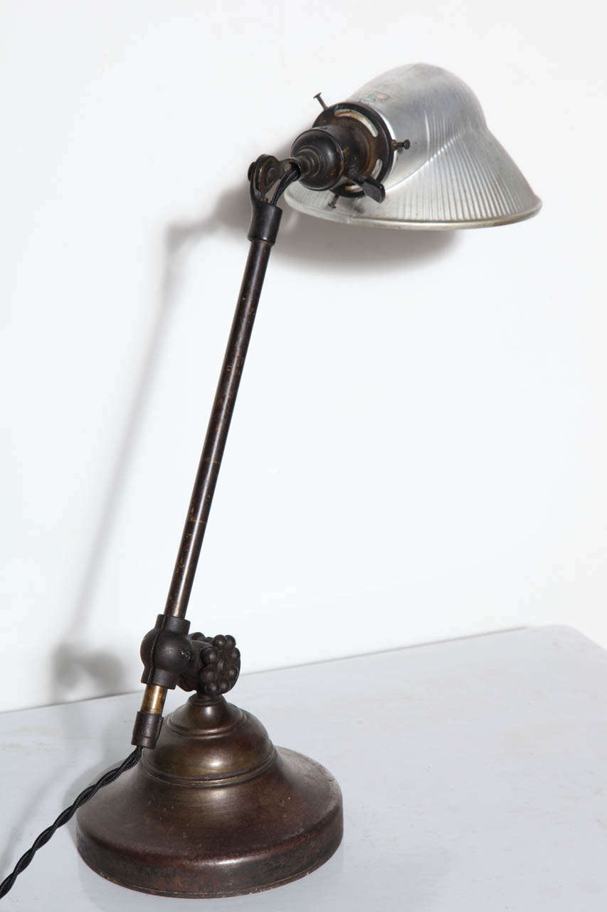 Industrial O. C. White Brass & Iron Adjustable Table Lamp with Mercury Glass Shade, C. 1900 For Sale
