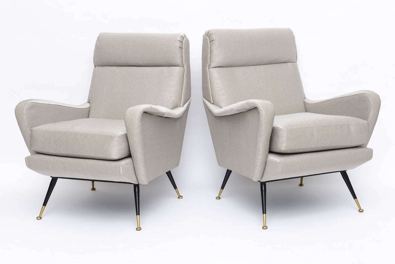 Mid-Century Modern Pair of Italian Brass Enameled and Upholstered Armchairs, Style Carlo de Carli