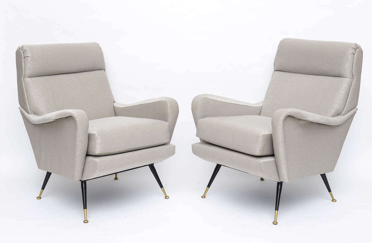 Pair of Italian Brass Enameled and Upholstered Armchairs, Style Carlo de Carli In Excellent Condition In Hollywood, FL