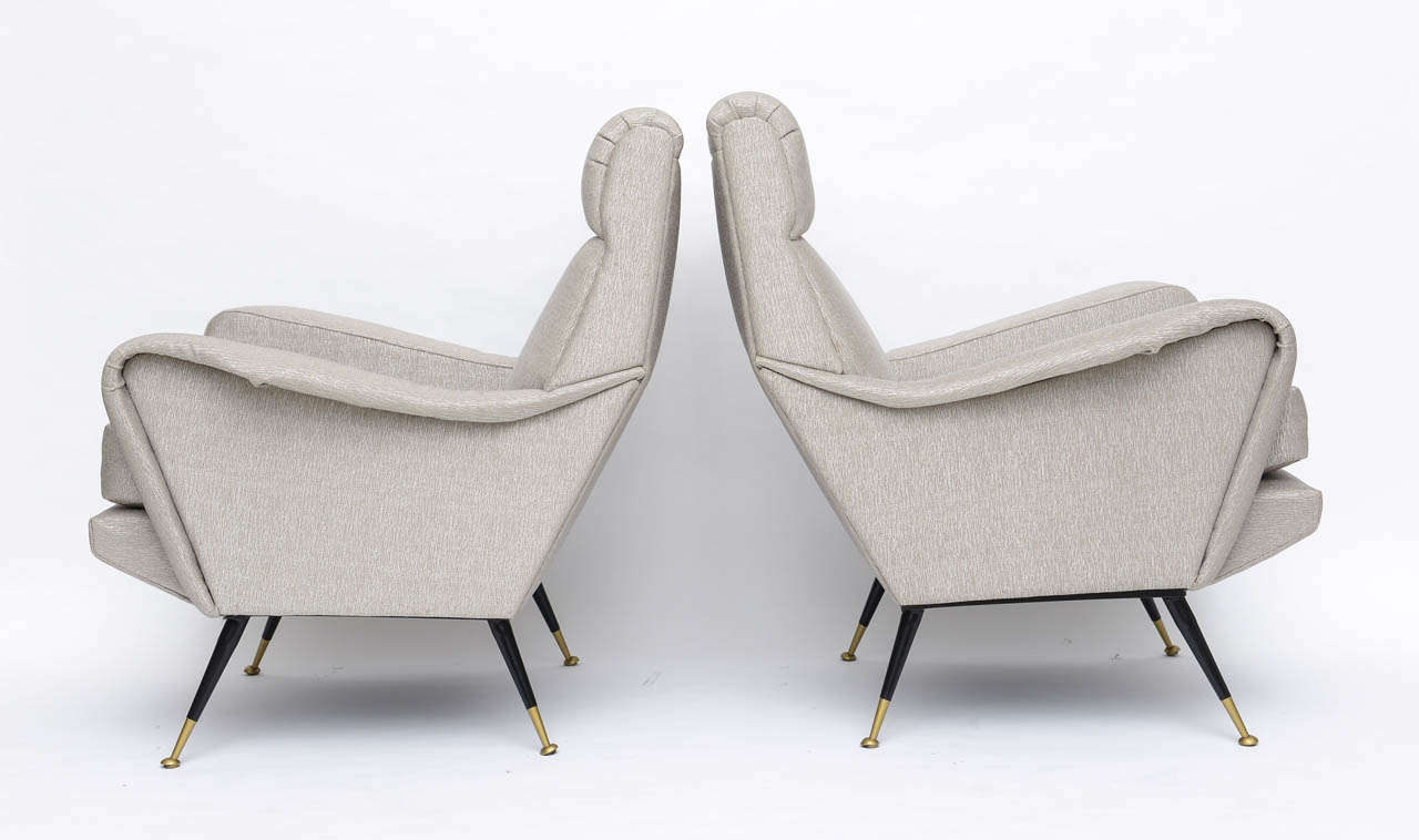 Mid-20th Century Pair of Italian Brass Enameled and Upholstered Armchairs, Style Carlo de Carli