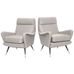 Pair of Italian Brass Enameled and Upholstered Armchairs, Style Carlo de Carli