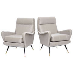 Pair of Italian Brass Enameled and Upholstered Armchairs, Style Carlo de Carli 1