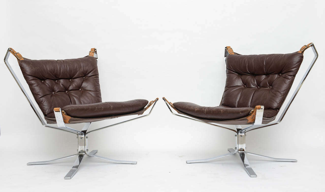Finnish A Pair of Sigurd Resell Chrome and Leather Falcon Chairs, Finland