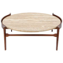 A Bertha Schaefer Walnut and Travertine Circular Low Table, Singer and Sons