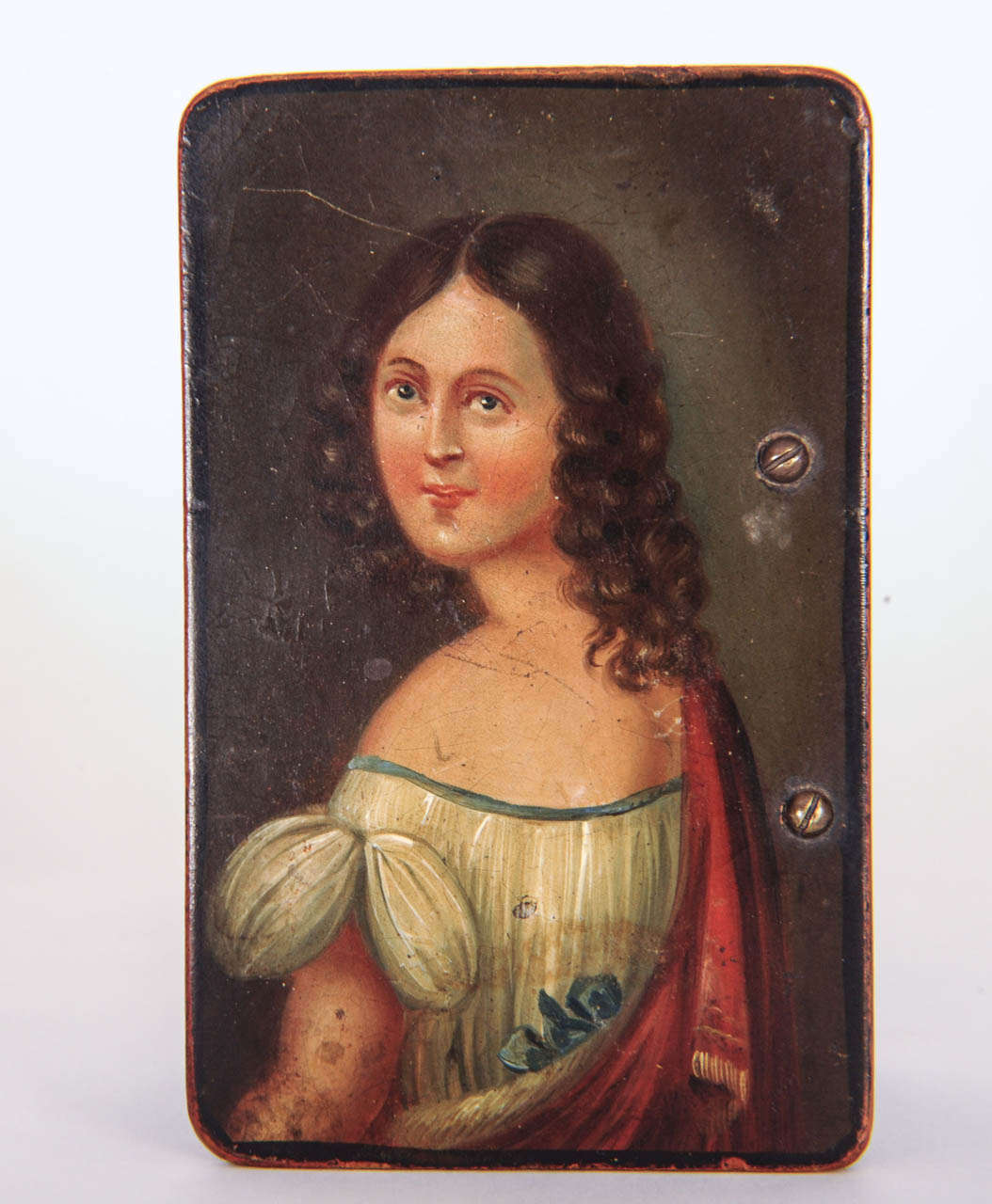 circa 1880 Music box Swiss origin. Playijg 2 tunes ([lays 2 tunes after activating) there is a button to stop it as ell. Painted with an image of a beautiful lady from the Belle Epoque (Romatique school). 