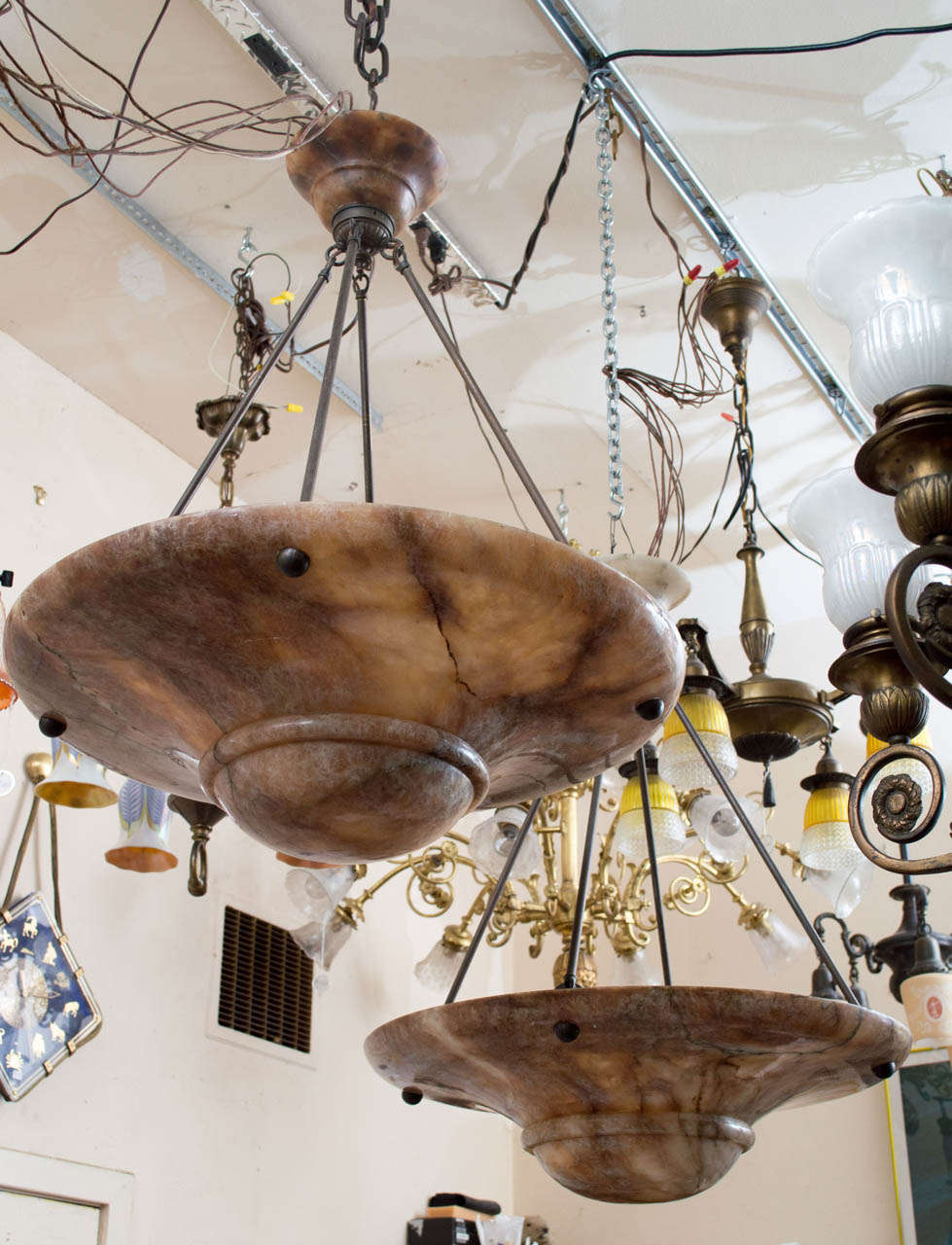 Unusual Pair of Alabaster Bowl/Pendant Chandeliers 3