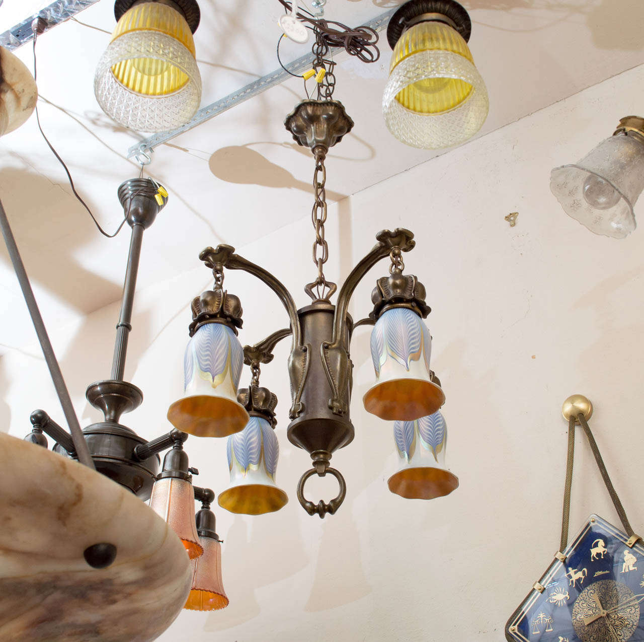 American Art Nouveau Chandelier with Blue Pulled Feather Shades by Quezal