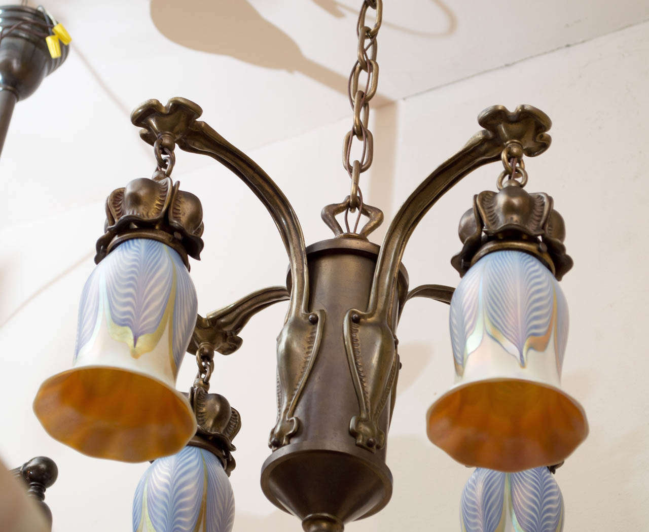 Art Nouveau Chandelier with Blue Pulled Feather Shades by Quezal In Excellent Condition In Petaluma, CA