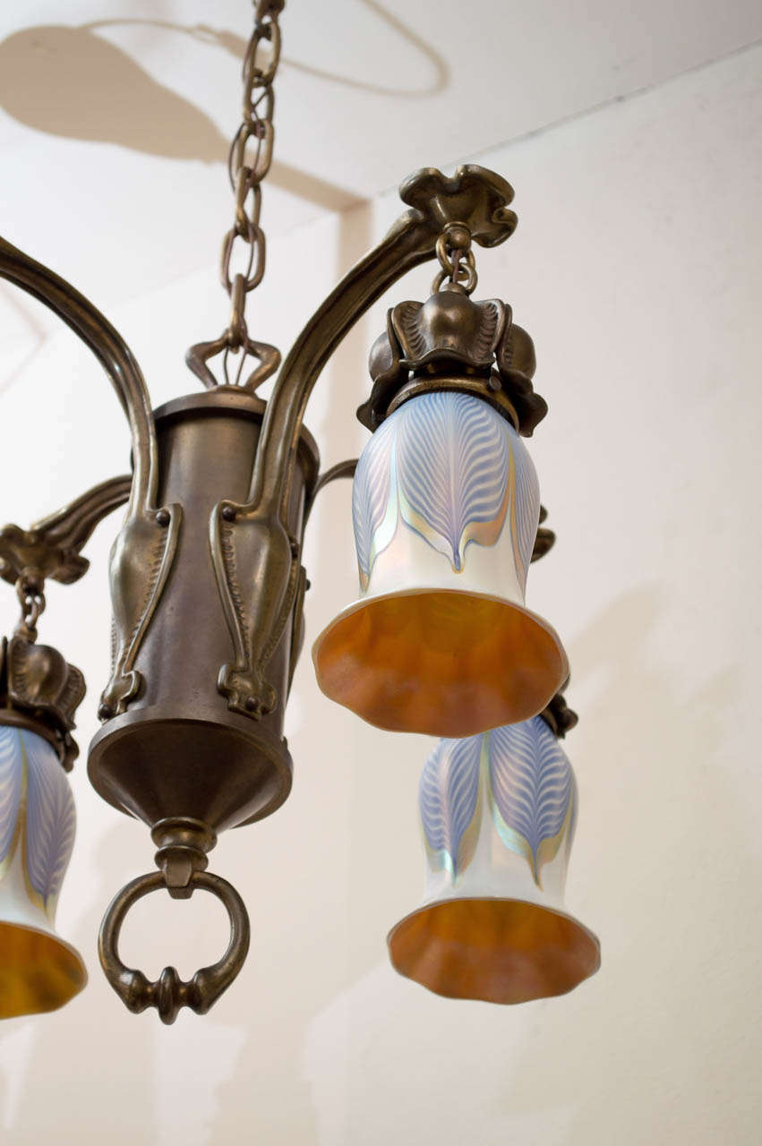 20th Century Art Nouveau Chandelier with Blue Pulled Feather Shades by Quezal