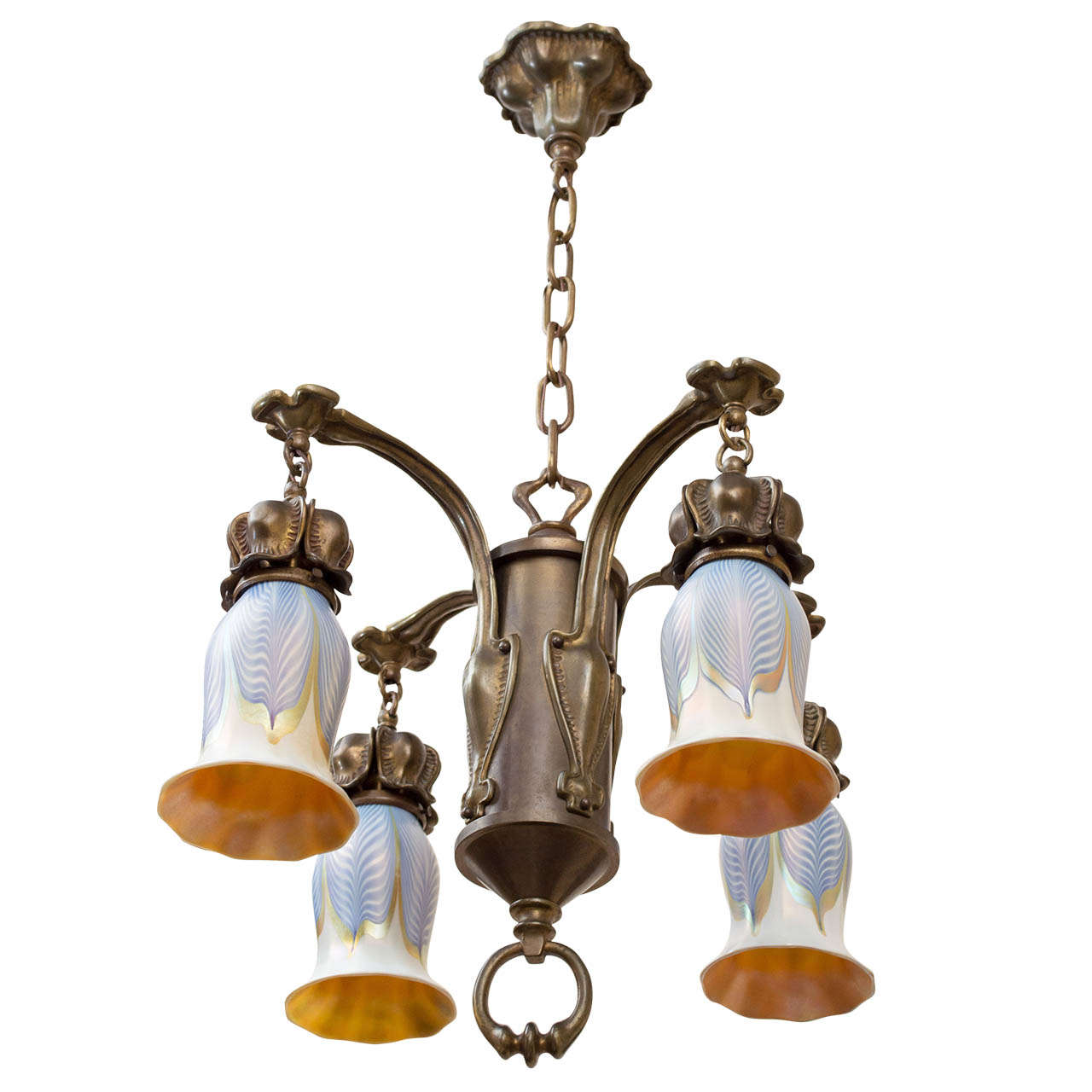 Art Nouveau Chandelier with Blue Pulled Feather Shades by Quezal