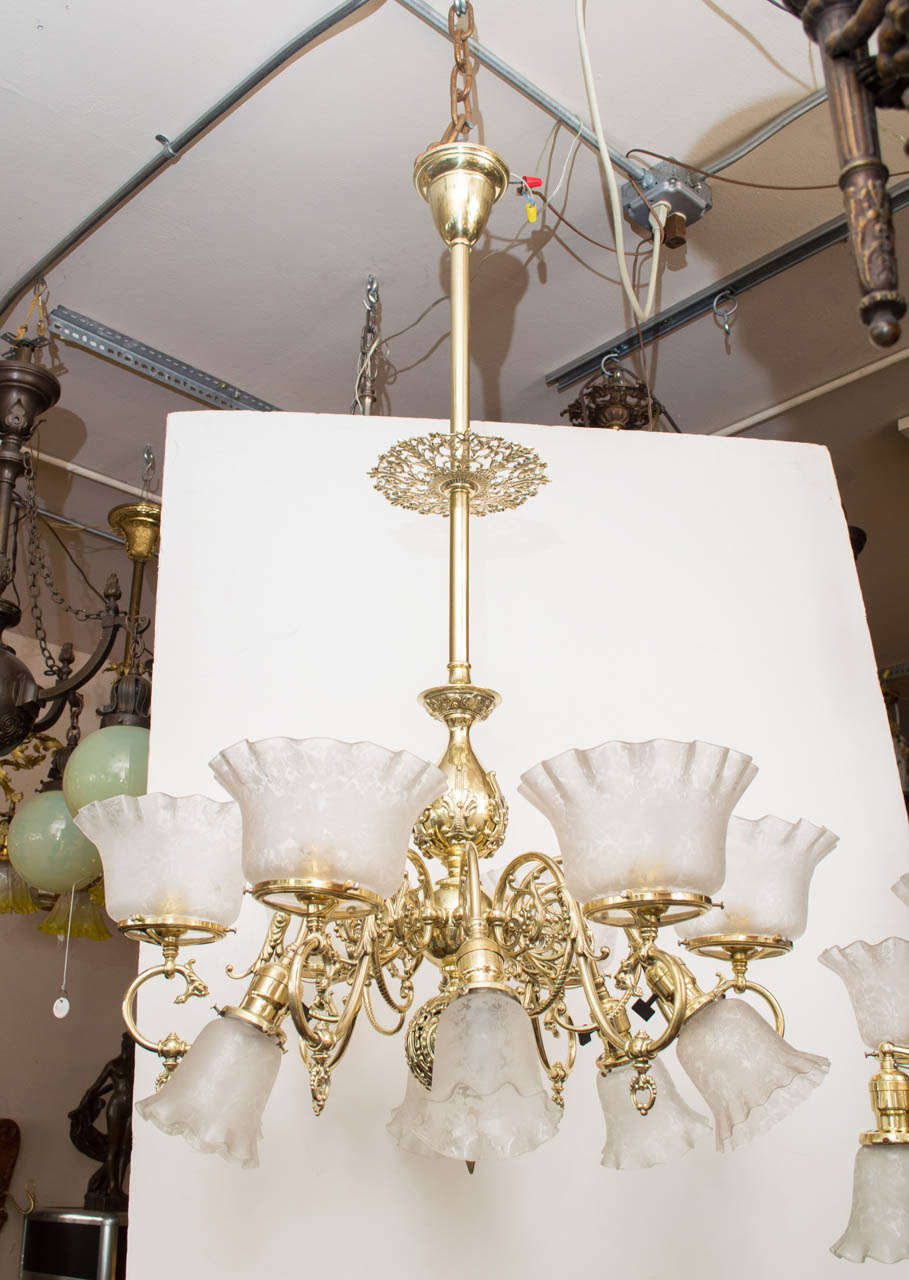 These very eye-catching aesthetic movement chandeliers came out of the same house and were both in need of restoration and polishing.  We did all the work to bring these back to their original state.  They are polished but not lacquered, so in time