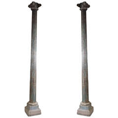 Teak Fluted Corinthian Style Columns with Carved Sandstone Bases, circa 1880