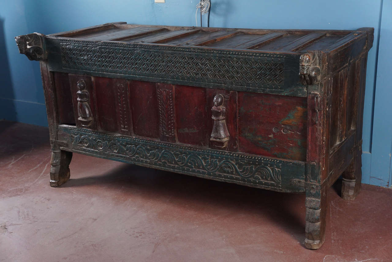 Anglo-Indian 19th Century Green and Red Teakwood Damchiya Dowry Chest