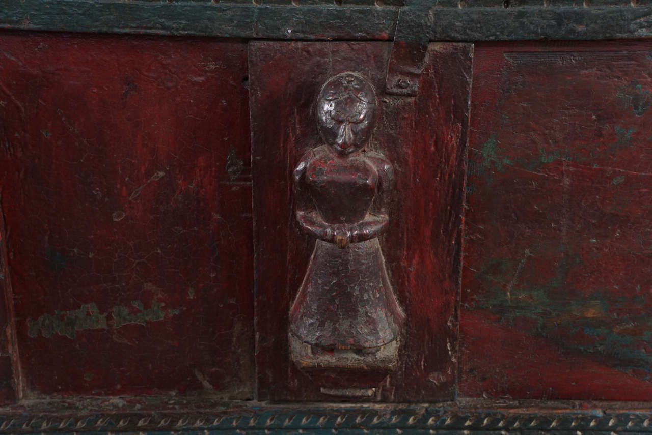 19th Century Green and Red Teakwood Damchiya Dowry Chest 1