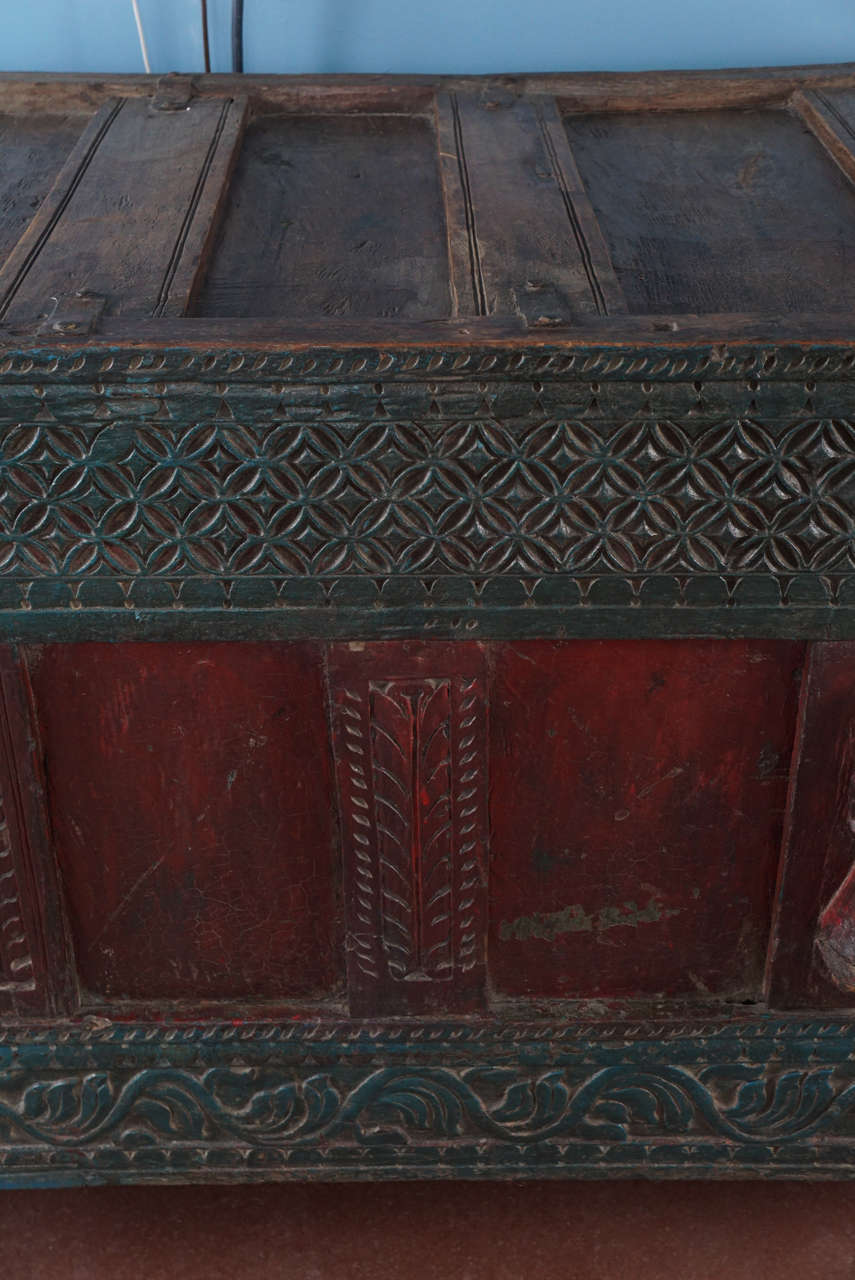 19th Century Green and Red Teakwood Damchiya Dowry Chest 2