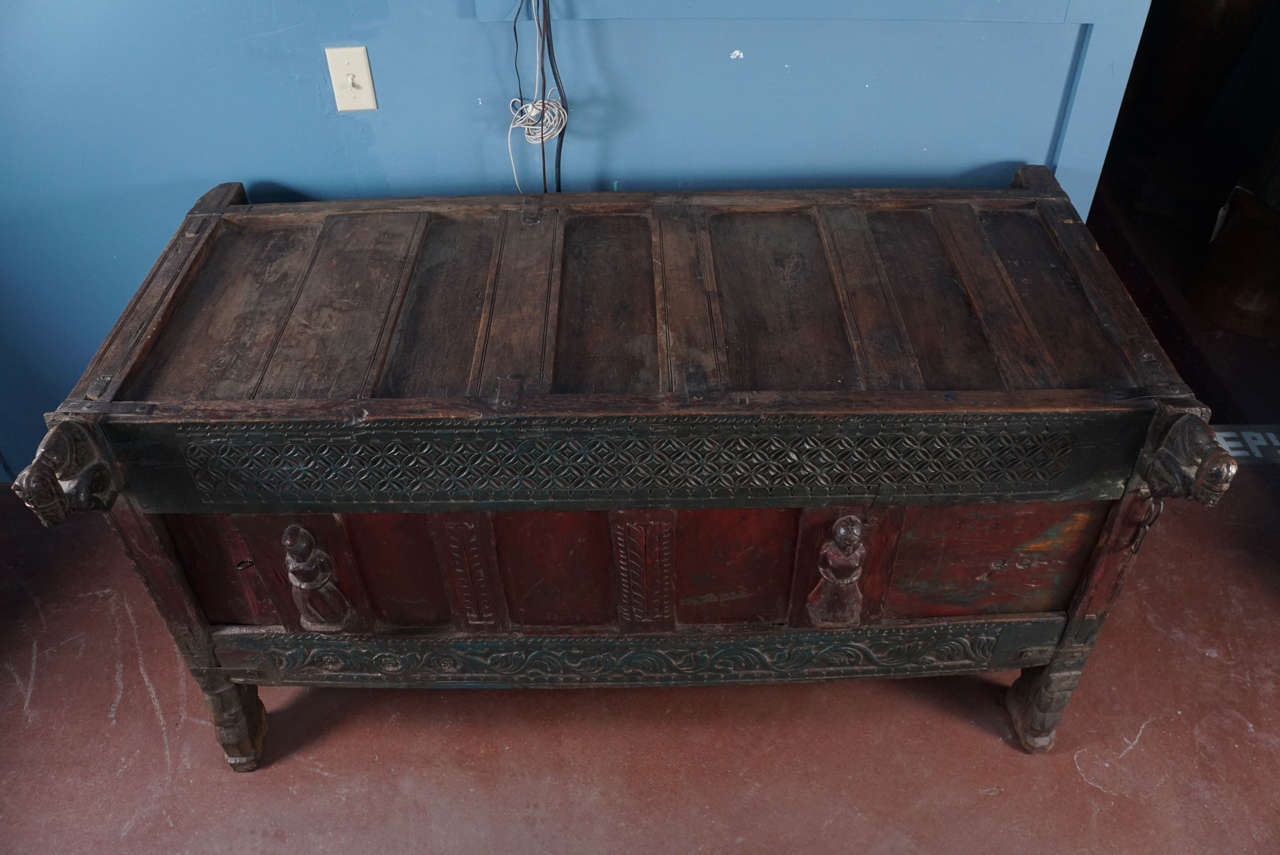 19th Century Green and Red Teakwood Damchiya Dowry Chest 3