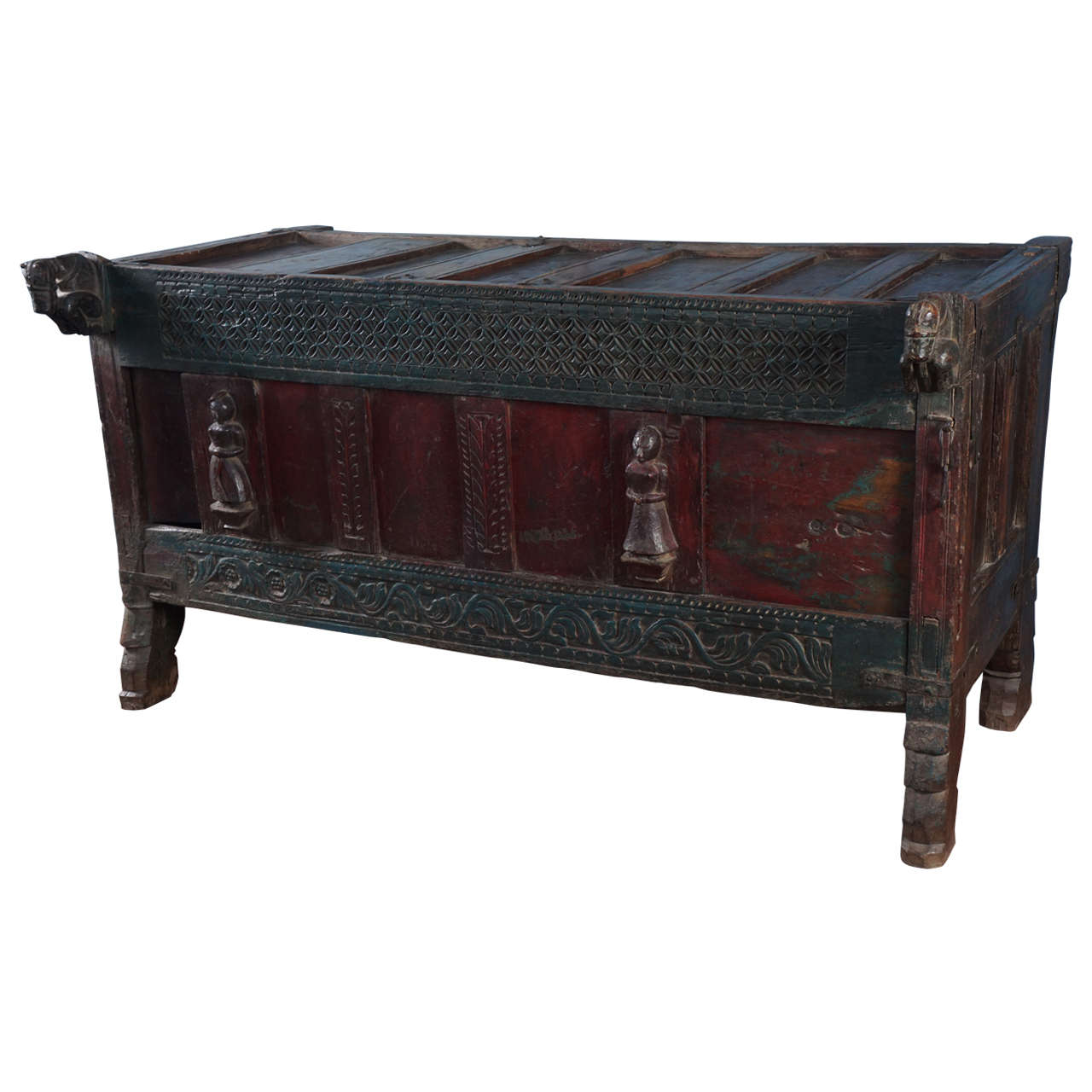 19th Century Green and Red Teakwood Damchiya Dowry Chest