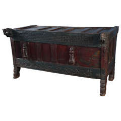 Antique 19th Century Green and Red Teakwood Damchiya Dowry Chest