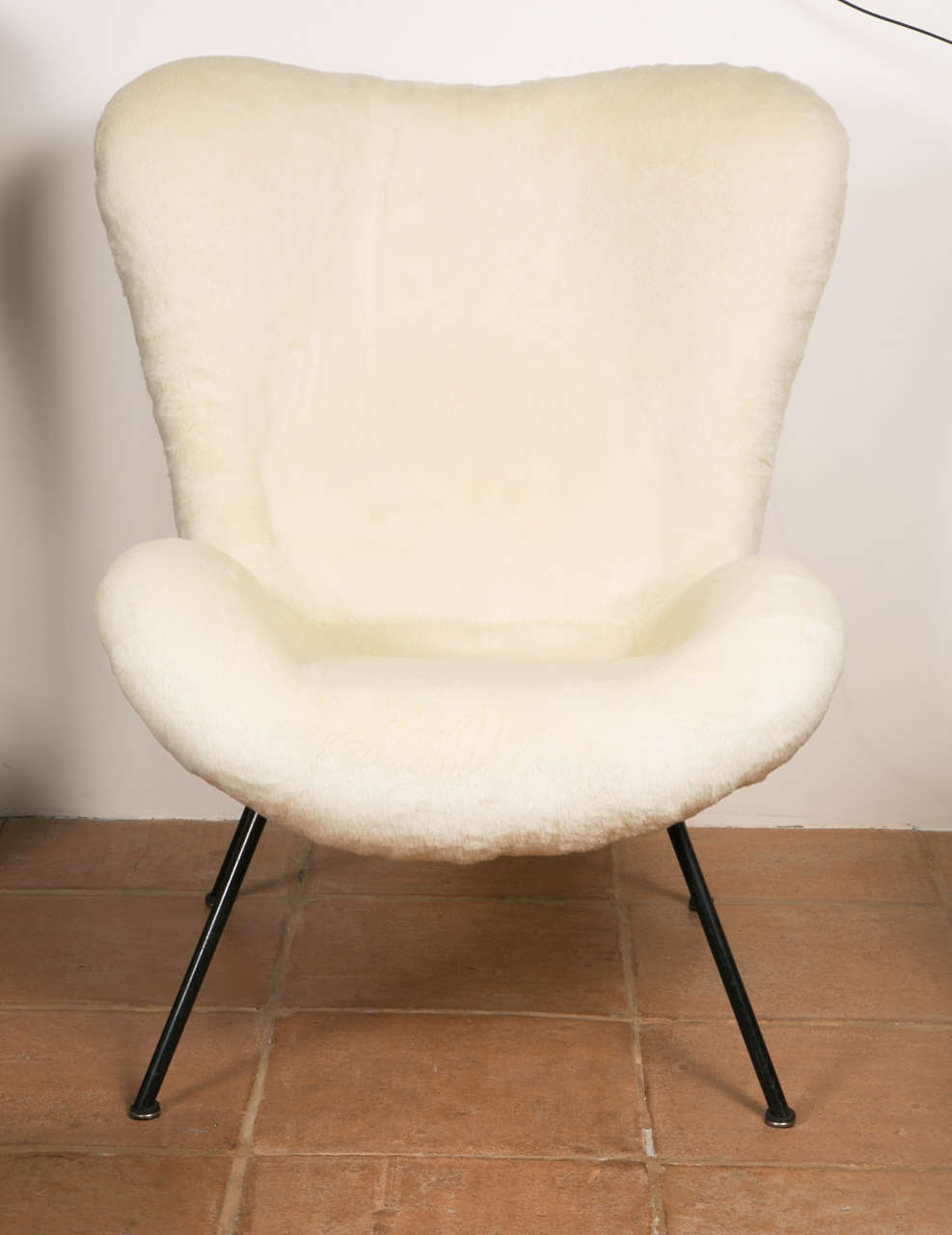 Rare Fritz Neth pair of chairs newly covered in raw white wool teddy bear cloth