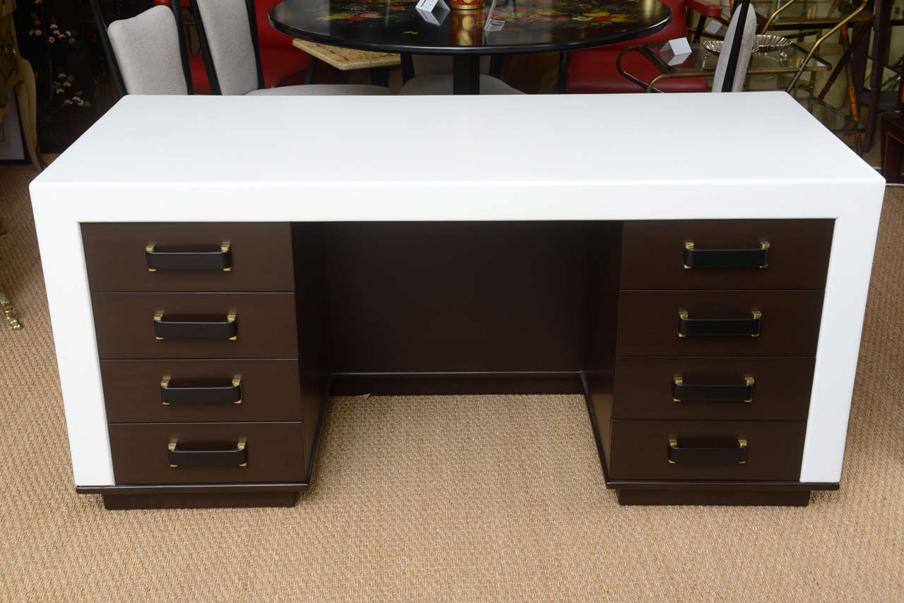 Mid-Century Modern 1940s Paul Frankl Eight-Drawer Desk Art Deco Style By Johnson Furniture Co. For Sale