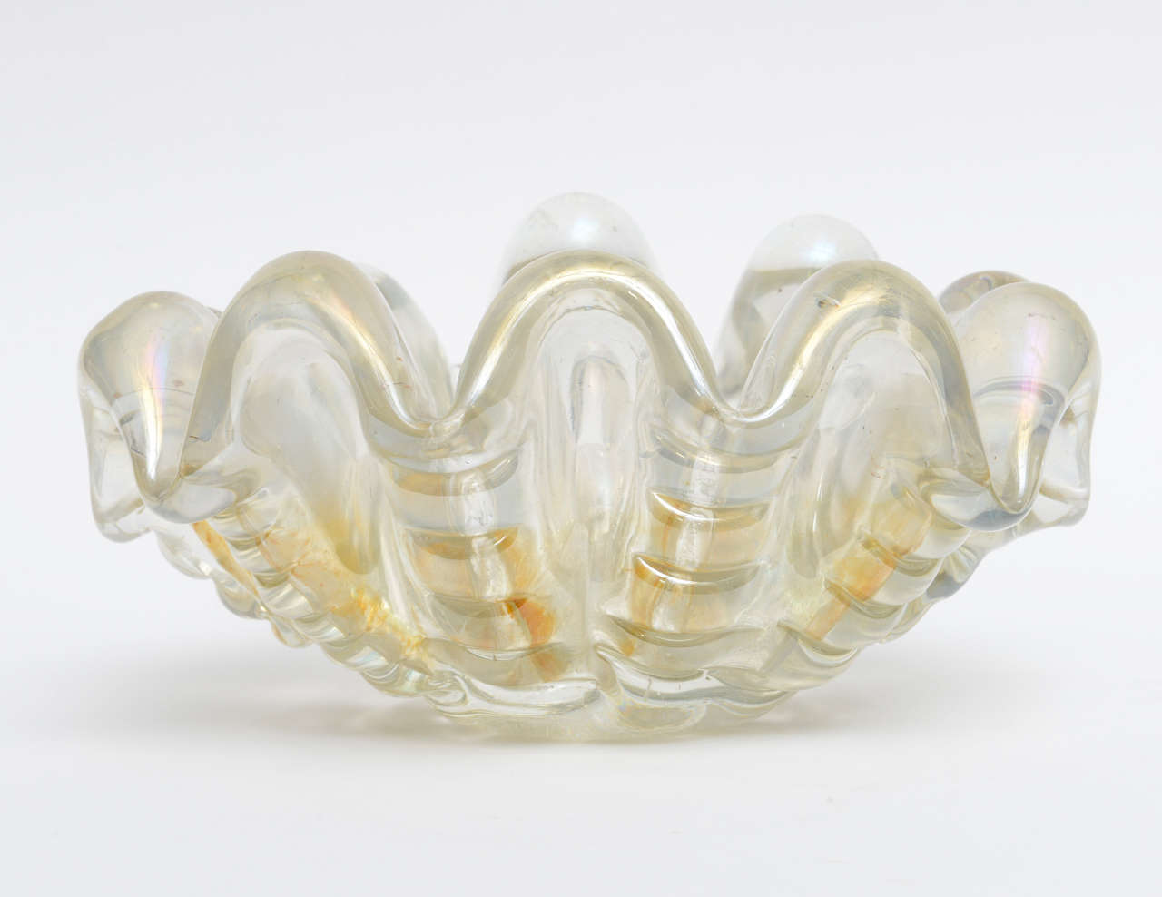Barovier e Toso large, thick clam-shell shaped, lobed Murano center bowl.
Clear with gold dust and think walled fluting. Signed.