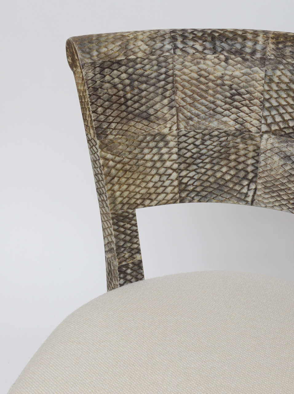 Organic Modern Matte Fishskin Chairs with Linen Upholstery For Sale