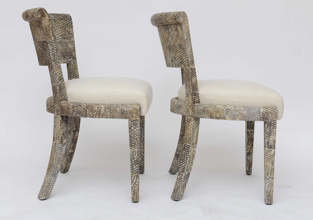 Patchwork Matte Fishskin Chairs with Linen Upholstery For Sale