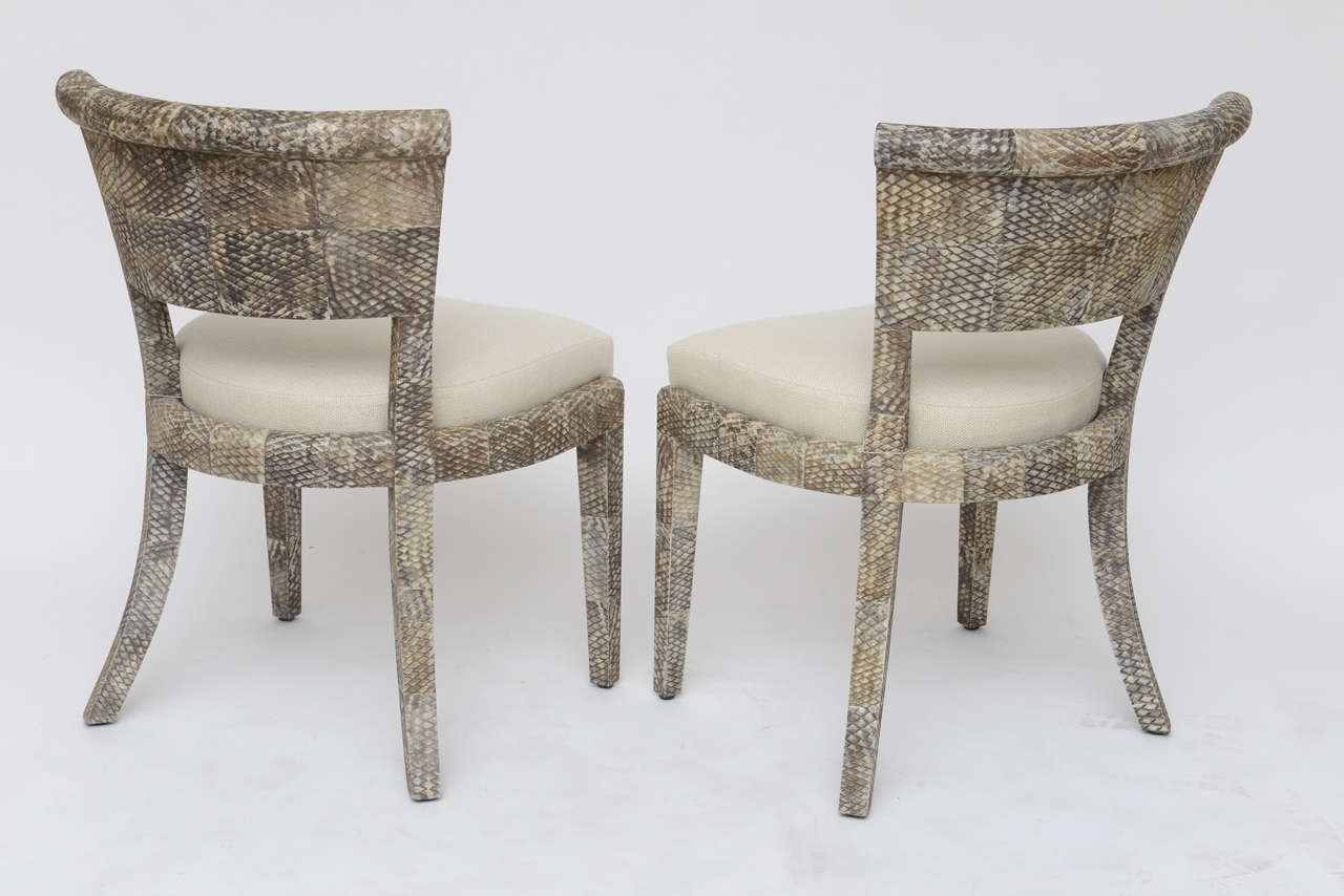 Matte Fishskin Chairs with Linen Upholstery In Excellent Condition For Sale In North Miami, FL