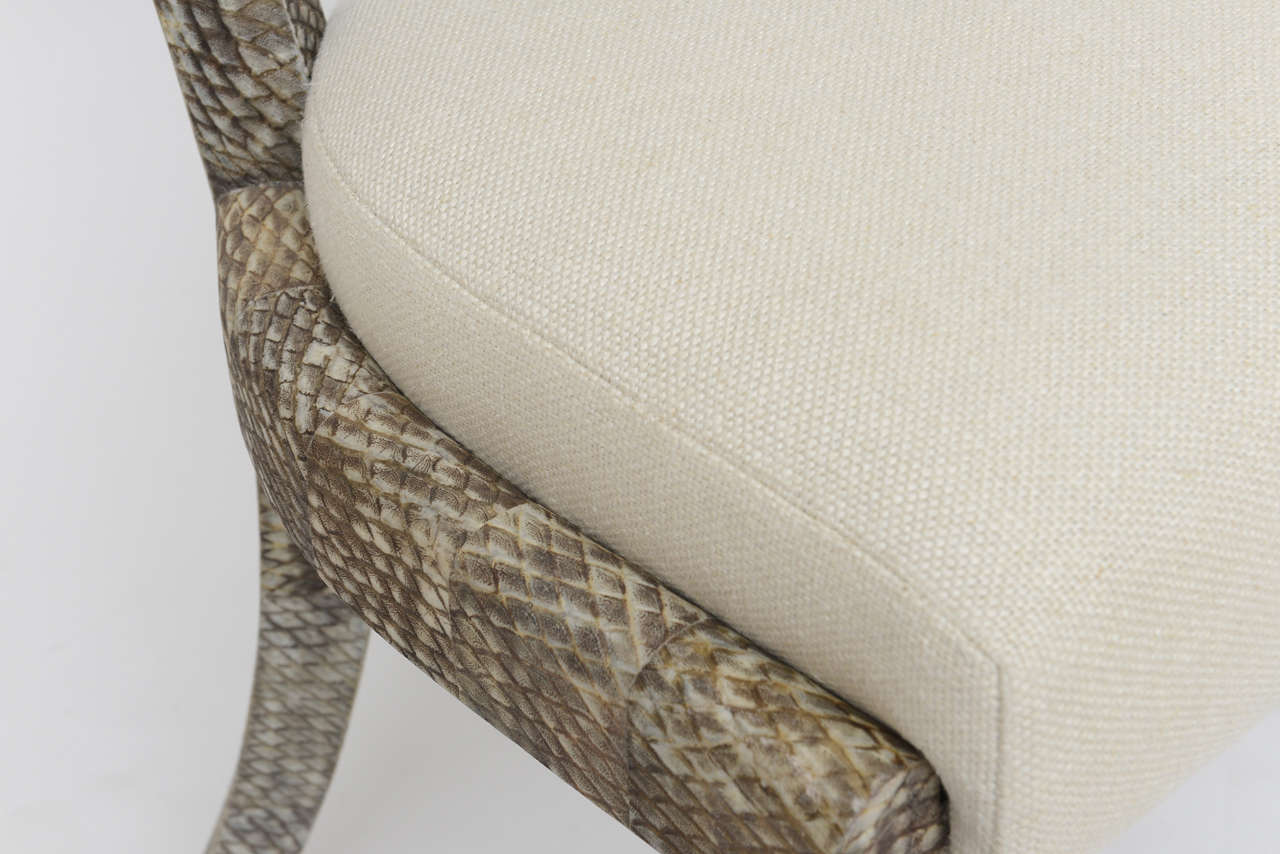 Animal Skin Matte Fishskin Chairs with Linen Upholstery For Sale