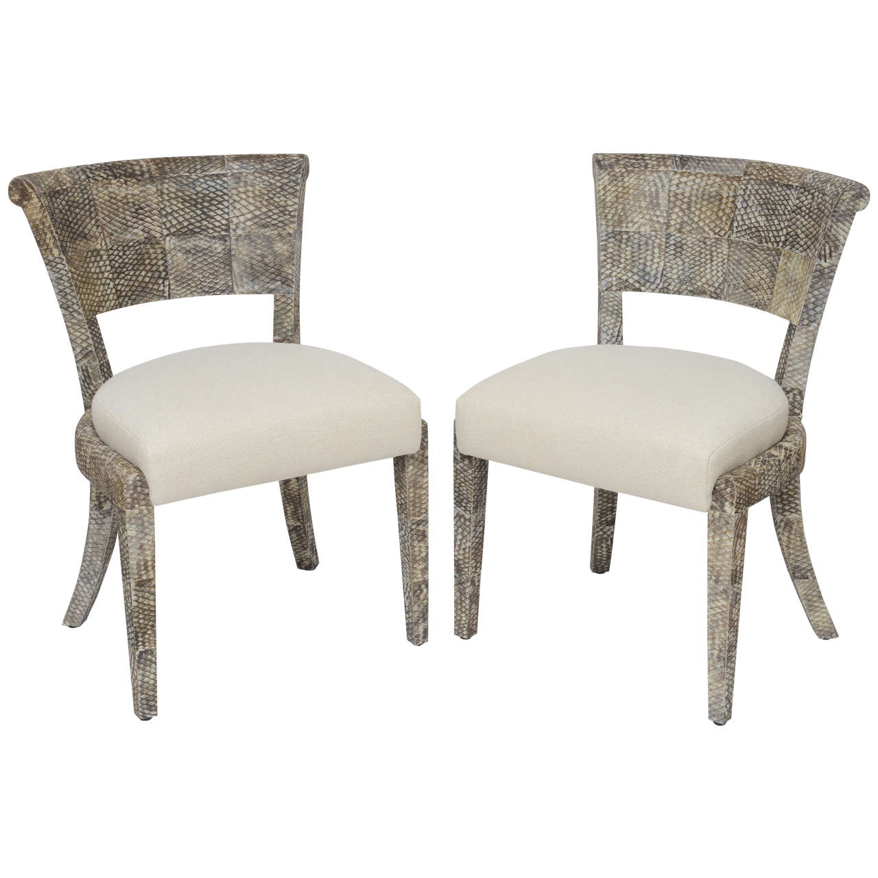 Matte Fishskin Chairs with Linen Upholstery For Sale