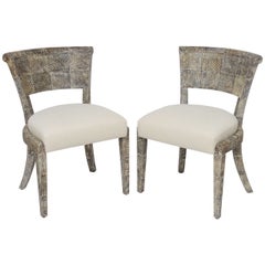 Matte Fishskin Chairs with Linen Upholstery