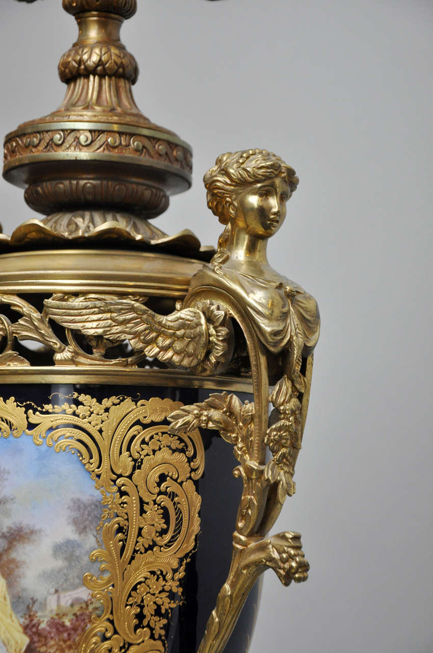 Gilt Monumental Sèvres Style Cobalt Blue Urn Table Lamp, France, 1880 For Sale