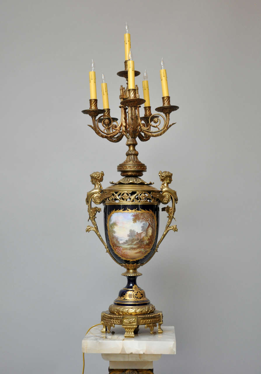 19th Century Monumental Sèvres Style Cobalt Blue Urn Table Lamp, France, 1880 For Sale