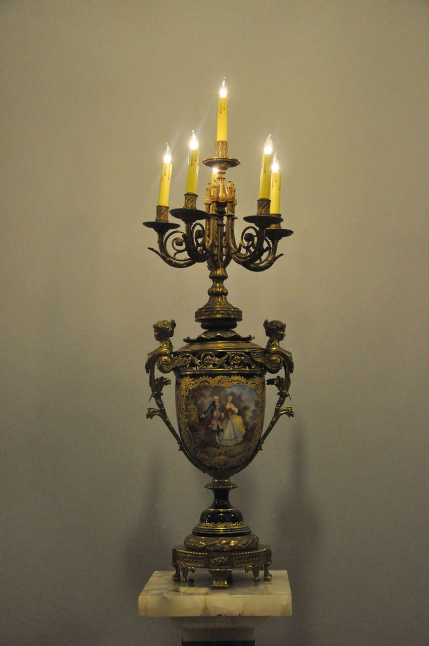 Monumental French Sèvres Cobalt Blue Porcelain Bronze Urn Candelabra