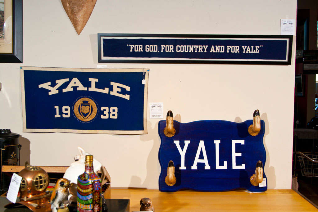 THREE DIFFERENT BLUE  FELT BANNERS WITH WHITE LETTERING. (1) YALE 1938 - 32