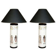 Amazing Pair of Hand Painted Glass Lamps in the Egyptian Style