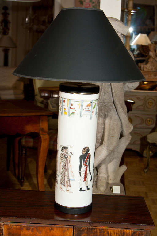 Amazing Pair of Hand Painted Glass Lamps in the Egyptian Style