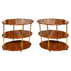 Pair Tiered Mahogany Side Tables with Brass Risers and Casters