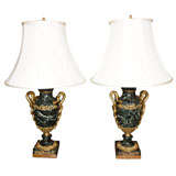 Antique French "Verde Antico" Marble and Gold Bronze Lamps