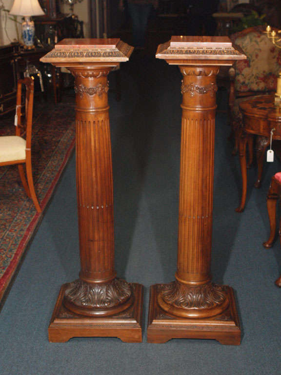 Pair of Antique Carved Walnut and Red Marble pedestals