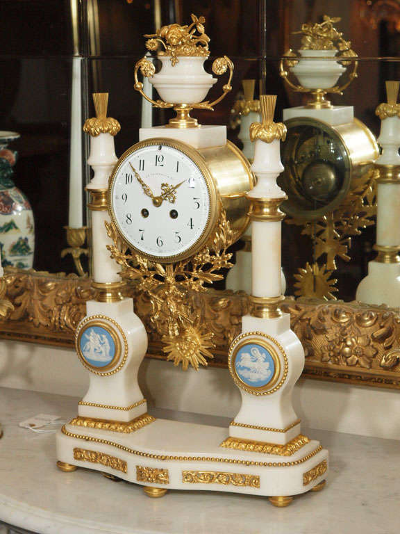 Antique French White Marble and Ormolu Clock with Wedgewood
