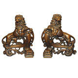 Pair of Antique French Patinated Bronze Lion Andirons