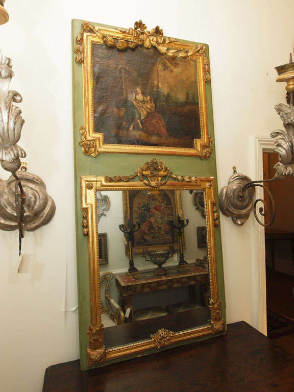 18th century Louis XVI trumeau mirror with paint and parcel gilt, original oil on canvas and gilt.