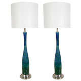 Pair of Italian Blue/Green Incised Ceramic Lamps