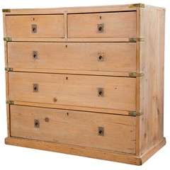 19th c English Stripped Pine Campaign Design Chest of Drawers