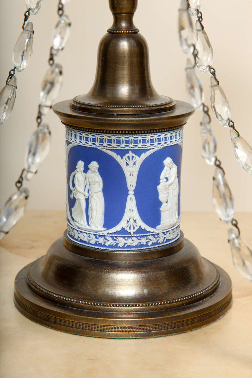 A Pair of 3 Light English Adam Style Girandoles with Wedgewood.  In Excellent Condition In New York, NY